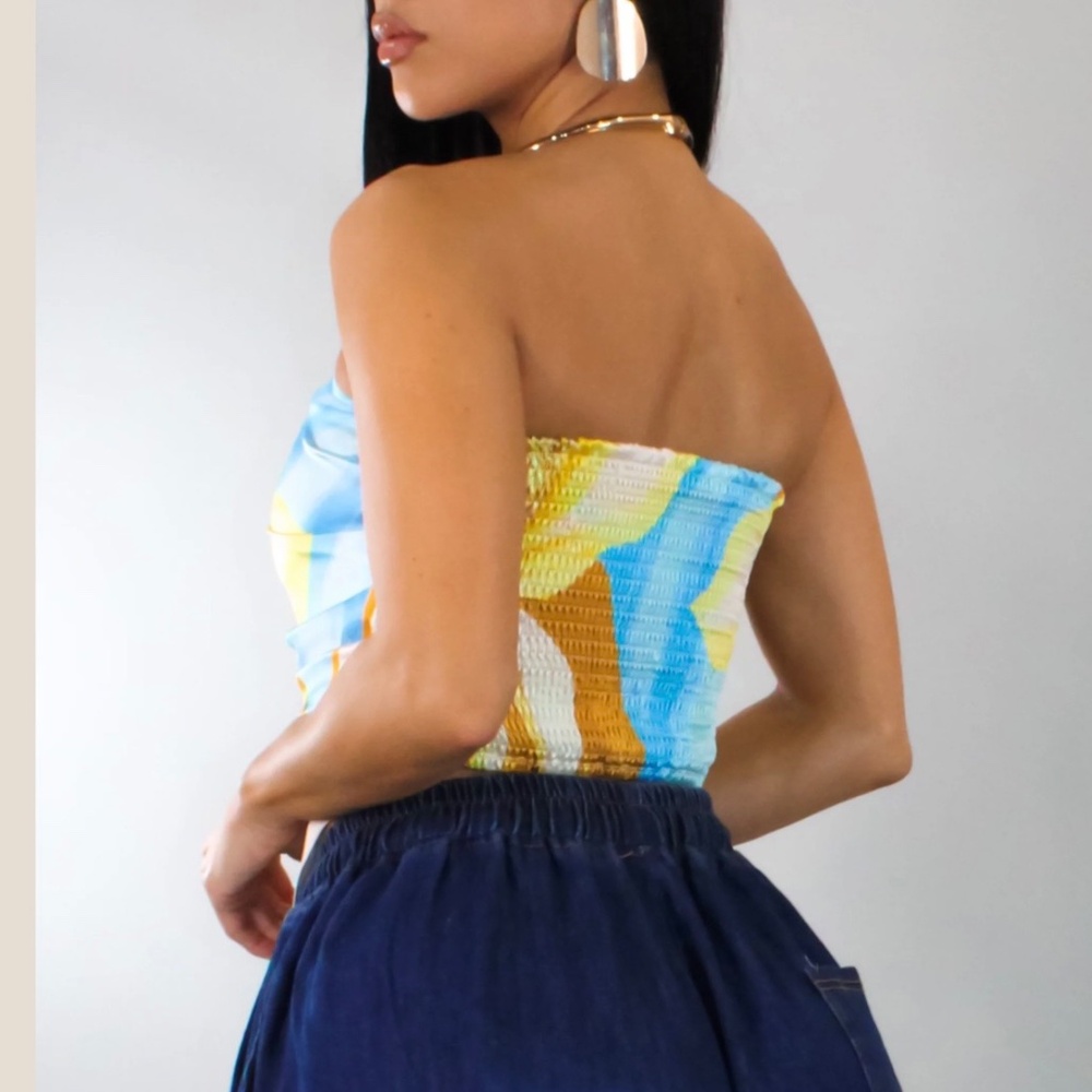 STRAPLESS ABSTRACT SATIN EFFECT SCARF TOP - Picture 5 of 13